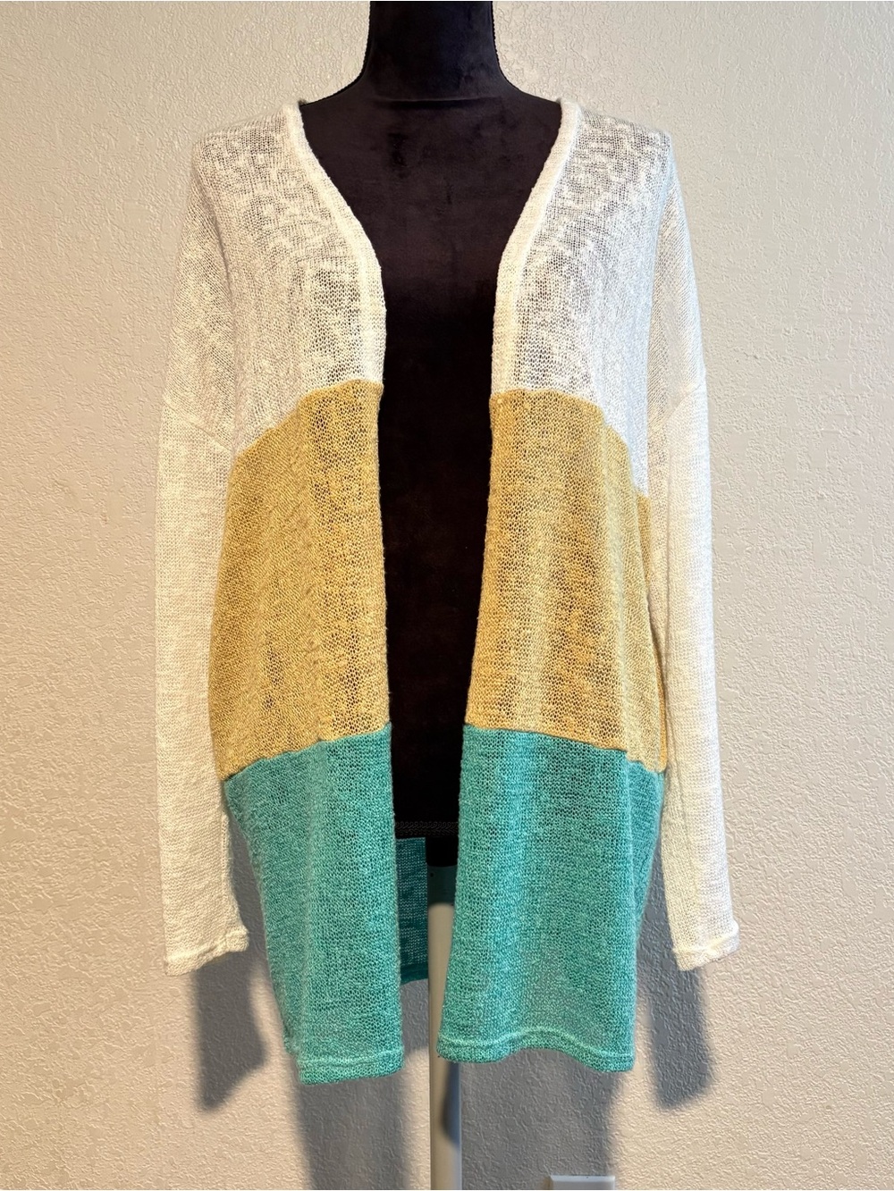 Sweet Claire Duster Open Boho Colorblock Cardigan in Cream, Mustard & Teal